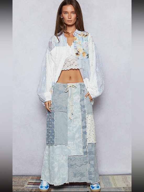 POL Dresses & Skirts - POL Maxed Out Corded Waist Patchwork Denim Skirt